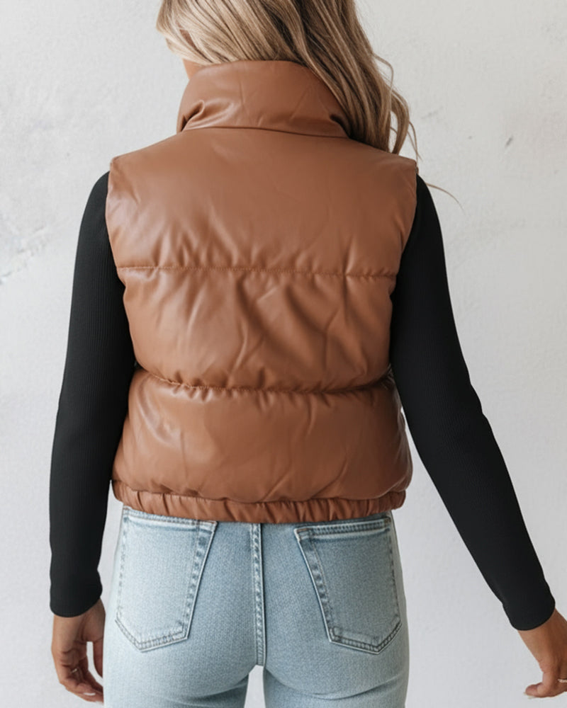 PU Leather High Neck Zip Up Double Snap Buttons Front Vest Casual Stretchy Hem Crop Padded Coat
