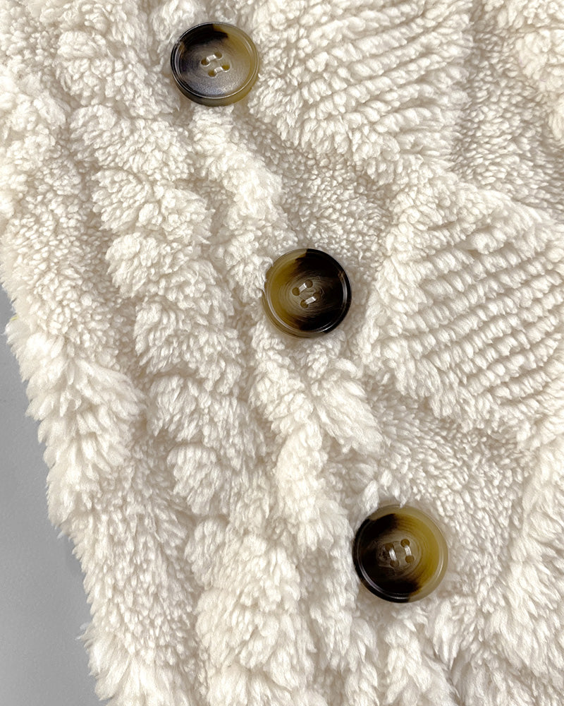 Argyle Textured Button Down Side Slit Long Sleeve Fleece Teddy Coat Hooded Jacket Warm Outwear