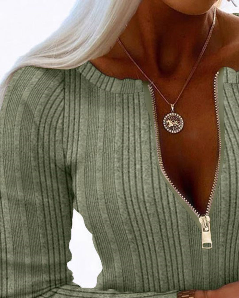 Crewneck Long Sleeve Ribbed Top Half Zipper Design Casual Pullover Tops