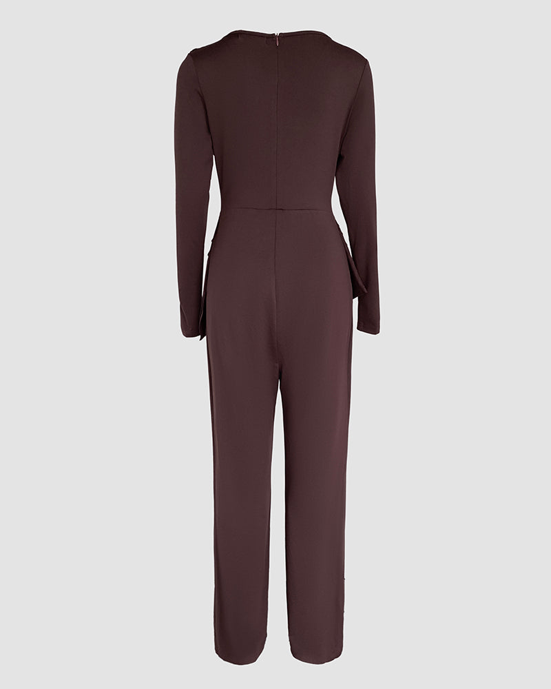 Cowl Neck Asymmetrical Textured Patchwork Cinched Waist Jumpsuit Casual Zipper Back Wide Leg Jumpsuit