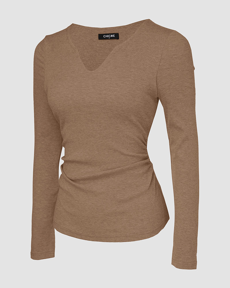 ChicMe Built-in Bra Notch Neck Long Sleeve Shirts Rib-Knit Ruched Waist Top