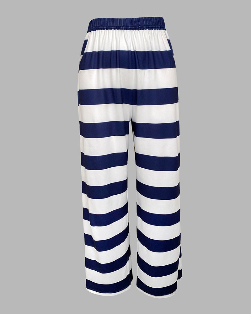 2 Pieces Outfit Anchor Pattern Short Sleeve Top and Striped Elastic Waist Pants Set Casual Pajamas Set