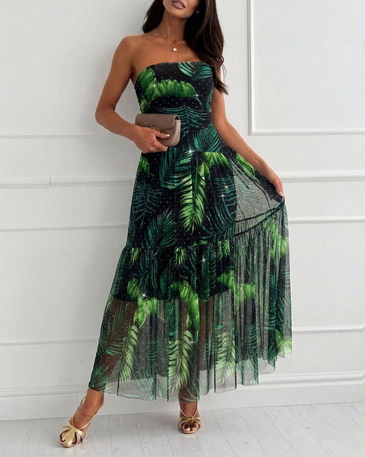 Women's Tropical Leaf Print Tube Maxi Dress Sexy Sheer Mesh Rhinestone Ruched Long Dress with Detachable Clear Straps