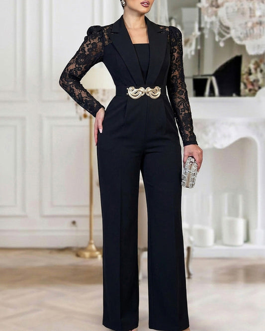 Women's Notched Lapel Jumpsuit Sheer Lace Long Sleeve Wide Leg Overalls Casual Evening Jumpsuit