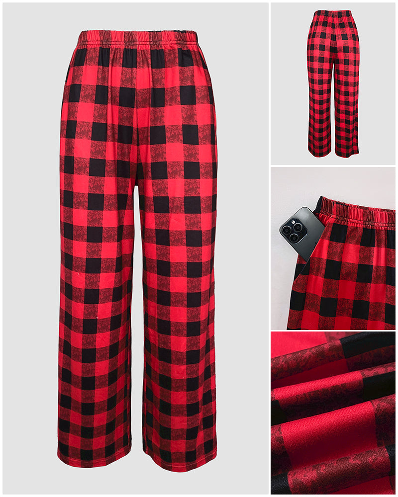 2 Pieces Outfit Christmas Tree Print Plaid Print Spliced Long Sleeve Top and Plaid Print Elastic Waist Pants Set Casual Pajamas Set