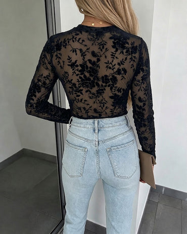 CHICME Women's Flocked Floral Sheer Mesh Long Sleeve Top with Lined