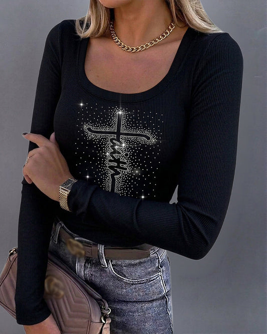 Women's Square Neck Long Sleeve Top Rhinestone Faith Letter Graphic Ribbed Knit Shirt Slim Fit Casual Sparkly Tee