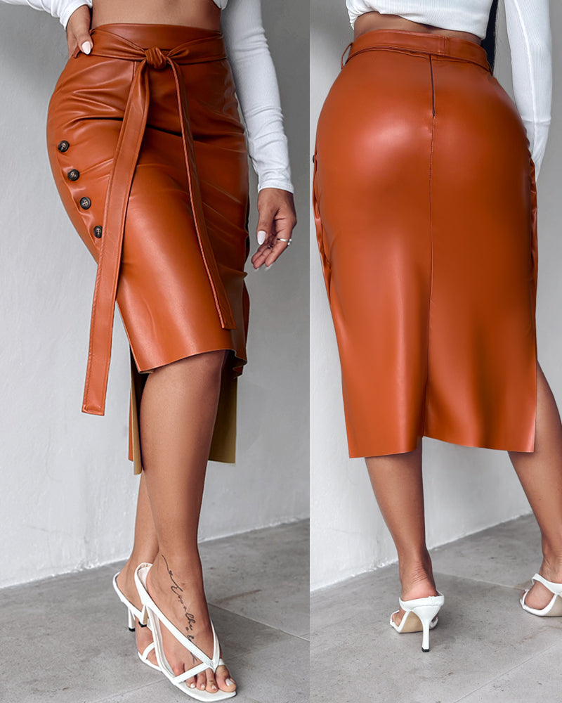 High Waisted Belted PU Leather Pencil Skirt Side Button Split Work Midi Skirt