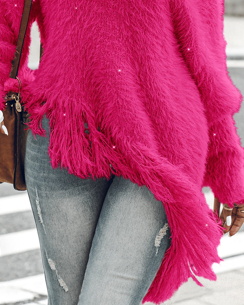 V-Neck Long Sleeve Sweater Fringe Pullover Casual Tassel Fall Winter Top