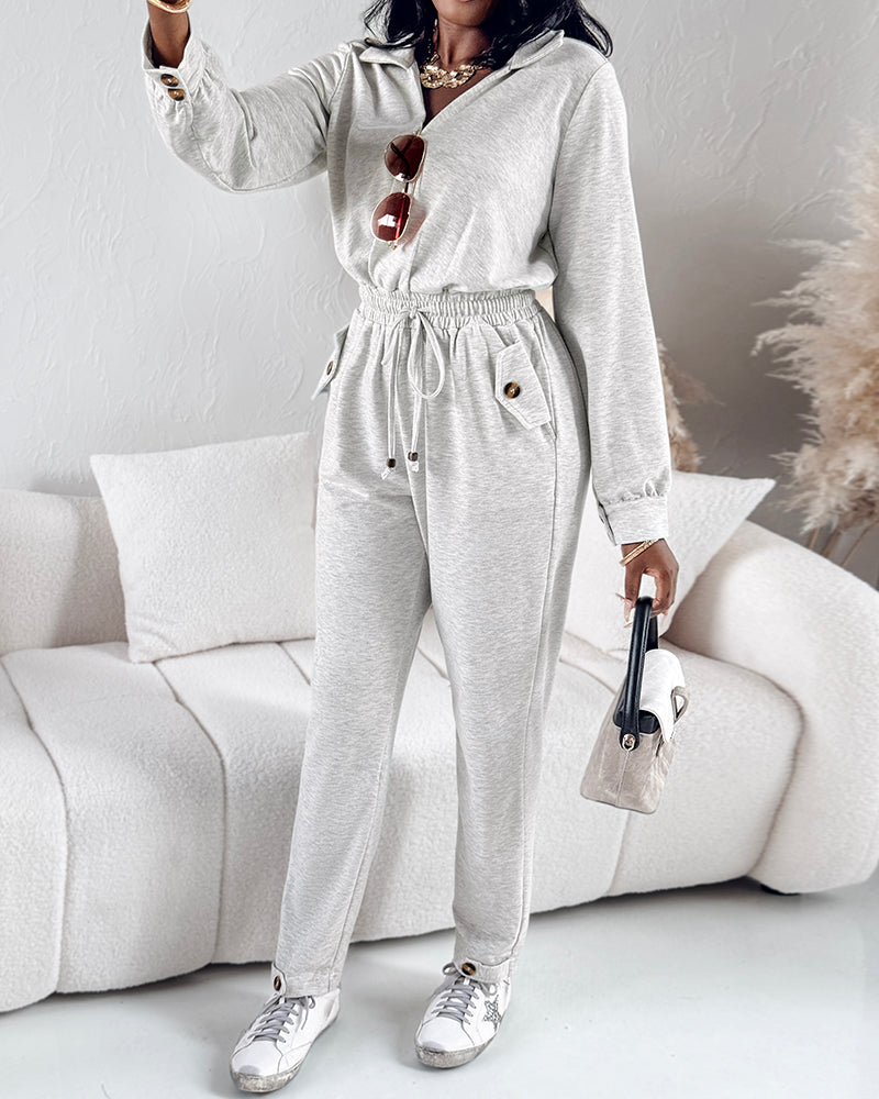 Turn-down Collar Overlap V-Neck Drawstring Stretchy Waist Jumpsuit Casual Flap Pockets Design Jumpsuit