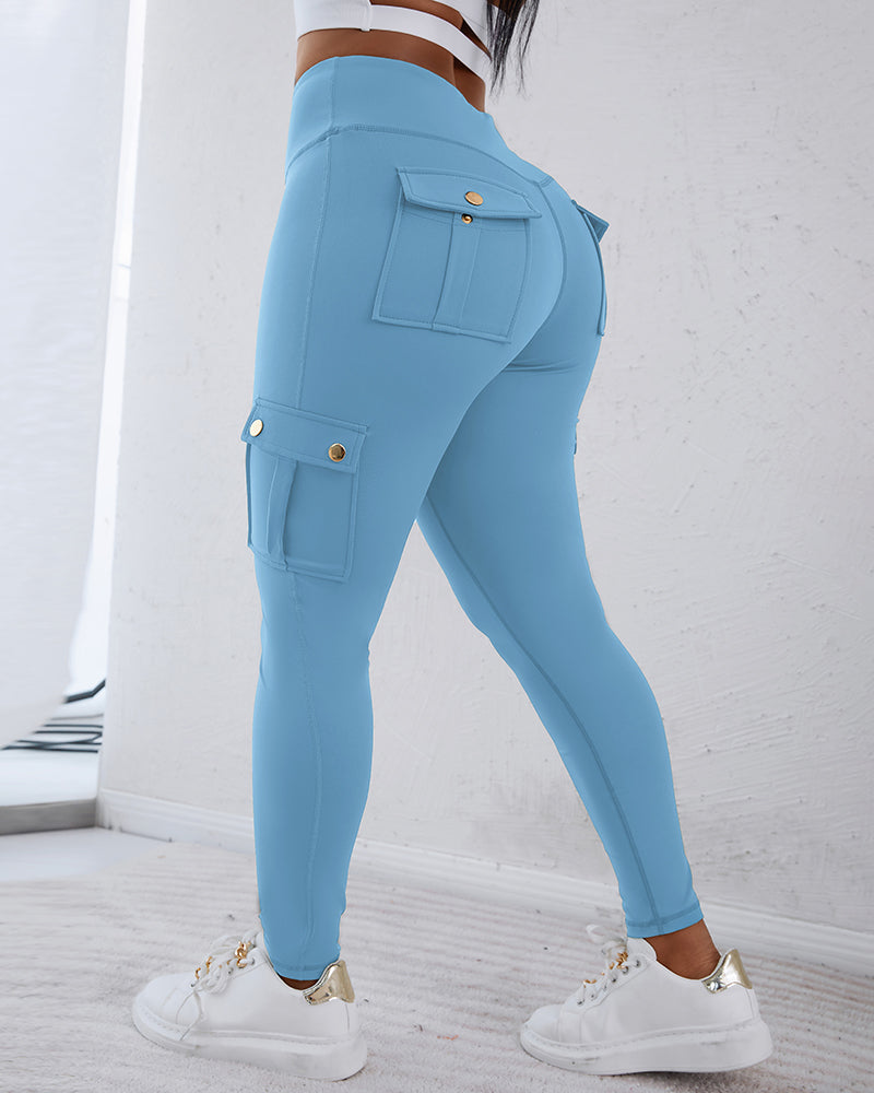 Butt Lifting Leggings with Flap Pockets High Waist Tummy Control Workout Cargo Pants