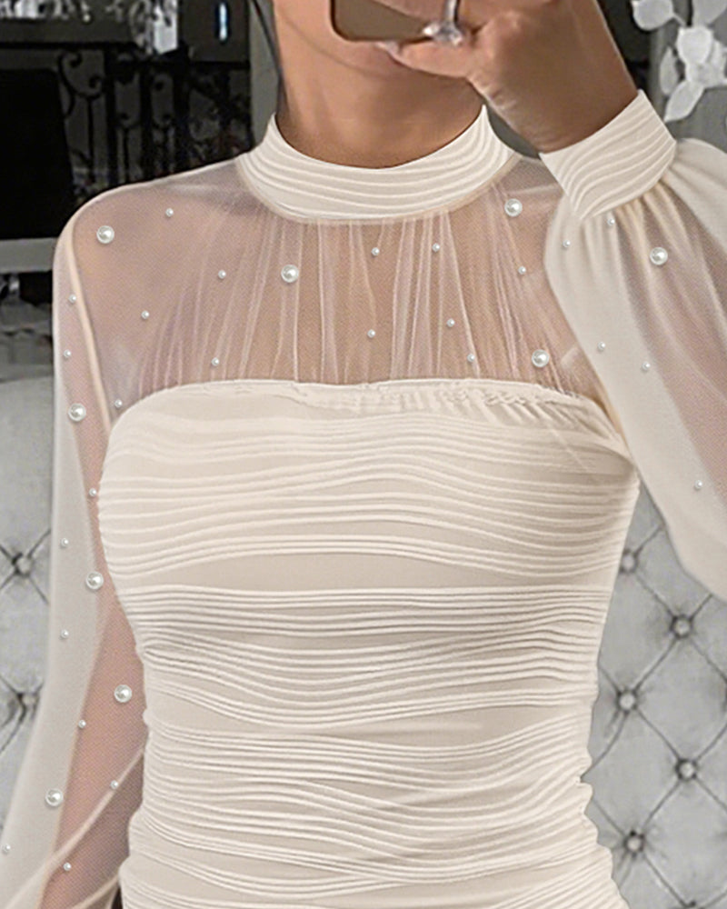 Pearls Decor High Neck Sheer Mesh Spliced Ruched Tee Hollow-out Back Slim Fit Textured Top