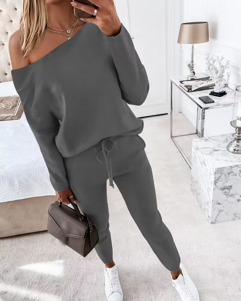 2 Pieces Outfit Long Sleeve Skew Neck Pullover Top and Drawstring Elastic Waist Slim Fit Pants Set