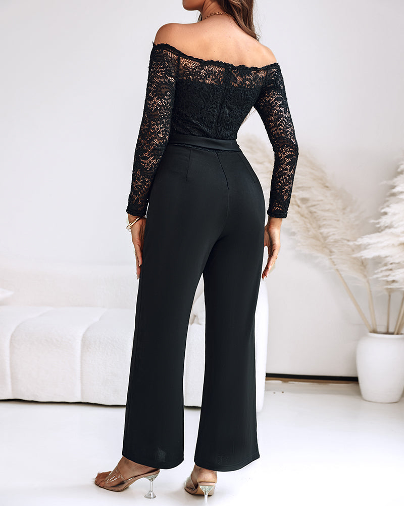 Off Shoulder Long Sleeve Eyelash Lace Spliced Slim Fit Overalls Casual Zipper Back Jumpsuit with Belt