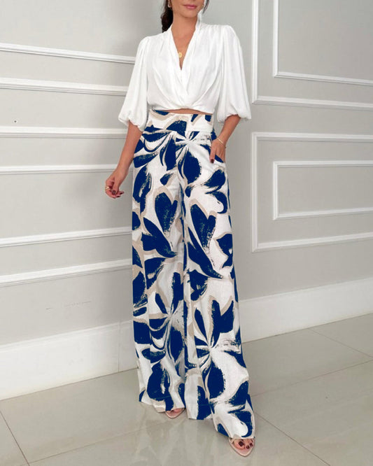 2 Pieces Outfit Ruched Overlap V Neck Three Quarters Sleeve Stretchy Back Hem Crop Blouse and Casual Vintage Floral Print High Waist Elastic Back Waist Wide Leg Pants Set