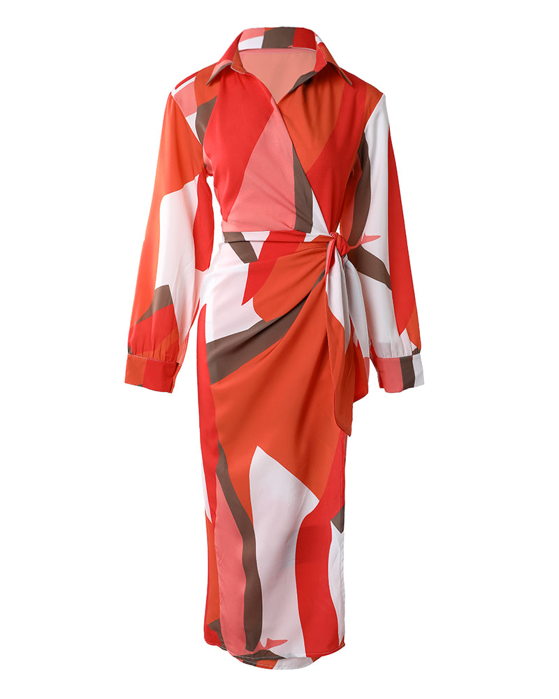 All Over Print Turn-down Collar Tied Detail Dress Casual Ruched Wrap Front Vacation Dress