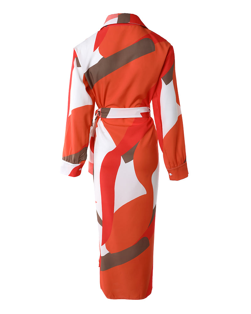 All Over Print Turn-down Collar Tied Detail Dress Casual Ruched Wrap Front Vacation Dress