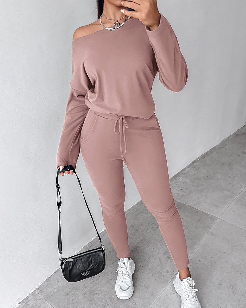 2 Pieces Outfit Long Sleeve Skew Neck Pullover Top and Drawstring Elastic Waist Slim Fit Pants Set