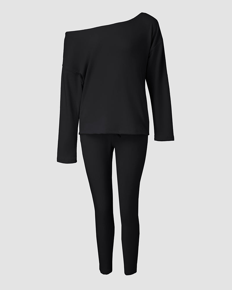 2 Pieces Outfit Long Sleeve Skew Neck Pullover Top and Drawstring Elastic Waist Slim Fit Pants Set