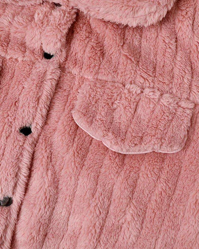 Textured Striped Turn-down Collar Button Front Elastic Cuff and Hem Teddy Fleece Jacket With Decorative Flap Pockets