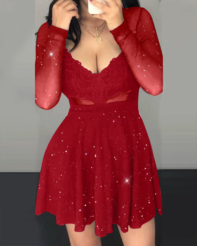 Glitter Sheer Mesh See Through Contrast Lace Long Sleeve Mini Dress Deep V Neck A Line Dresses