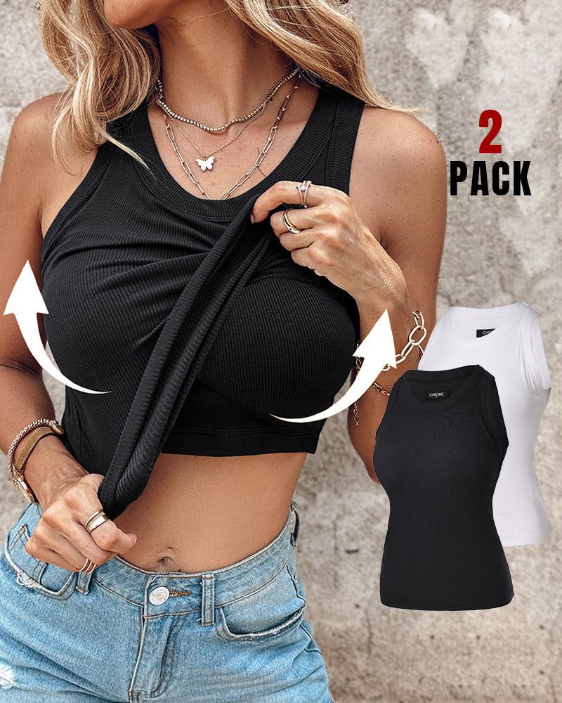 ChicMe Built-in Bra 2 Piece Athletic Tank Tops for Women Ribbed Tank Top