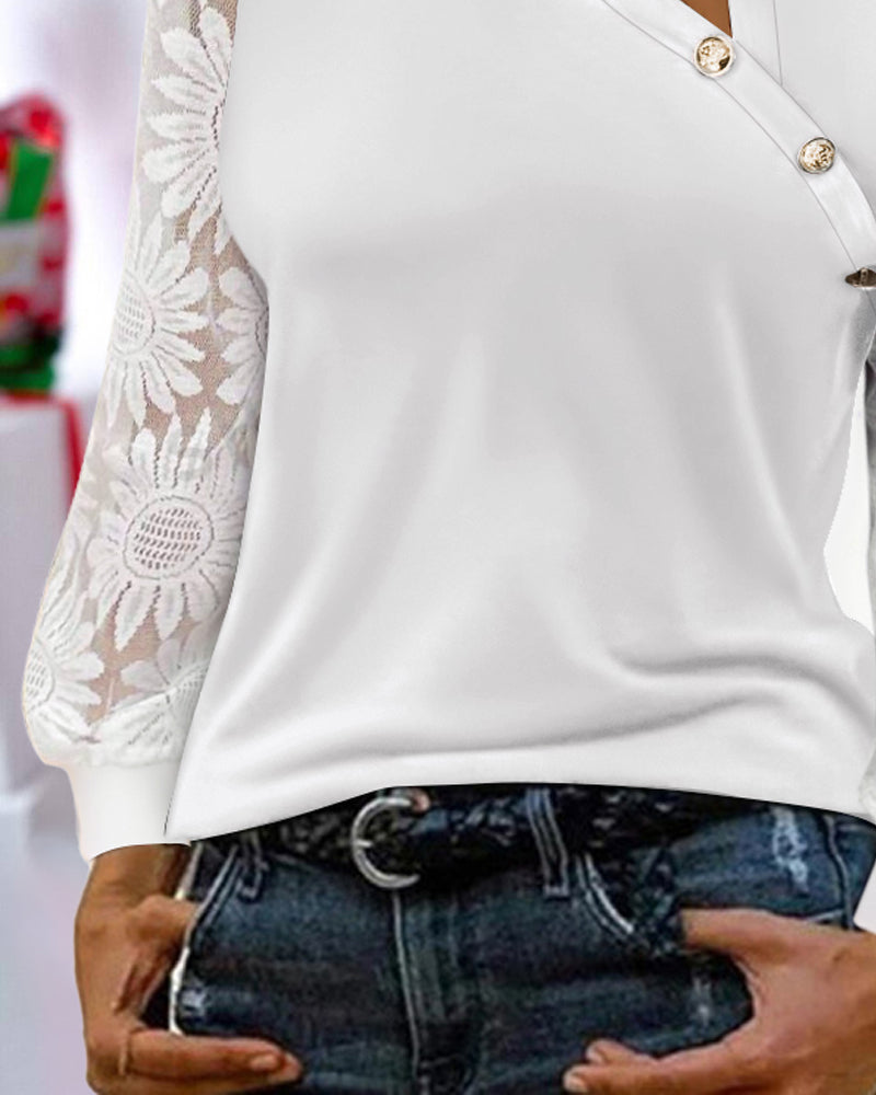 Contrast Lace Asymmetrical Neck Long Sleeve Blouse Button Design Casual Top