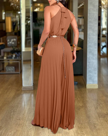 ChicMeLive Women's Halter Tie Wide Leg Jumpsuit Pleated High Waist One-Piece Romper Elegant Sleeveless Evening Party Jumpsuit without Waist Chain