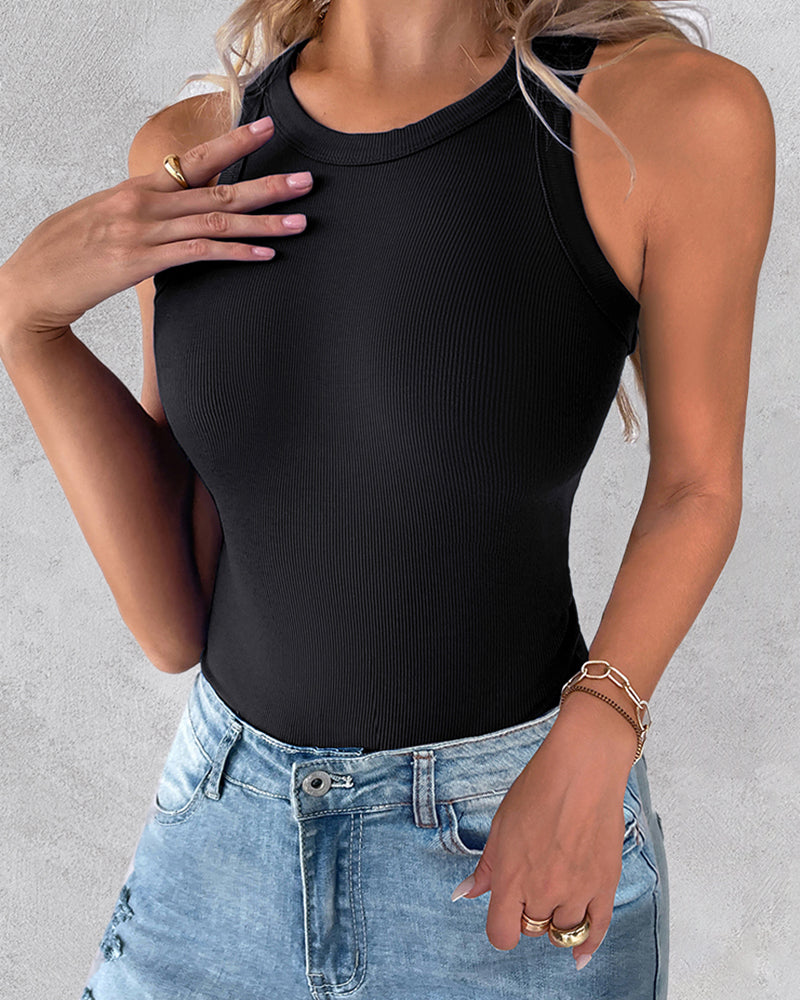 2-Pack Round Neck Thick Strap Racerback Ribbed Tank Slim Fit Tops without Bra Pads