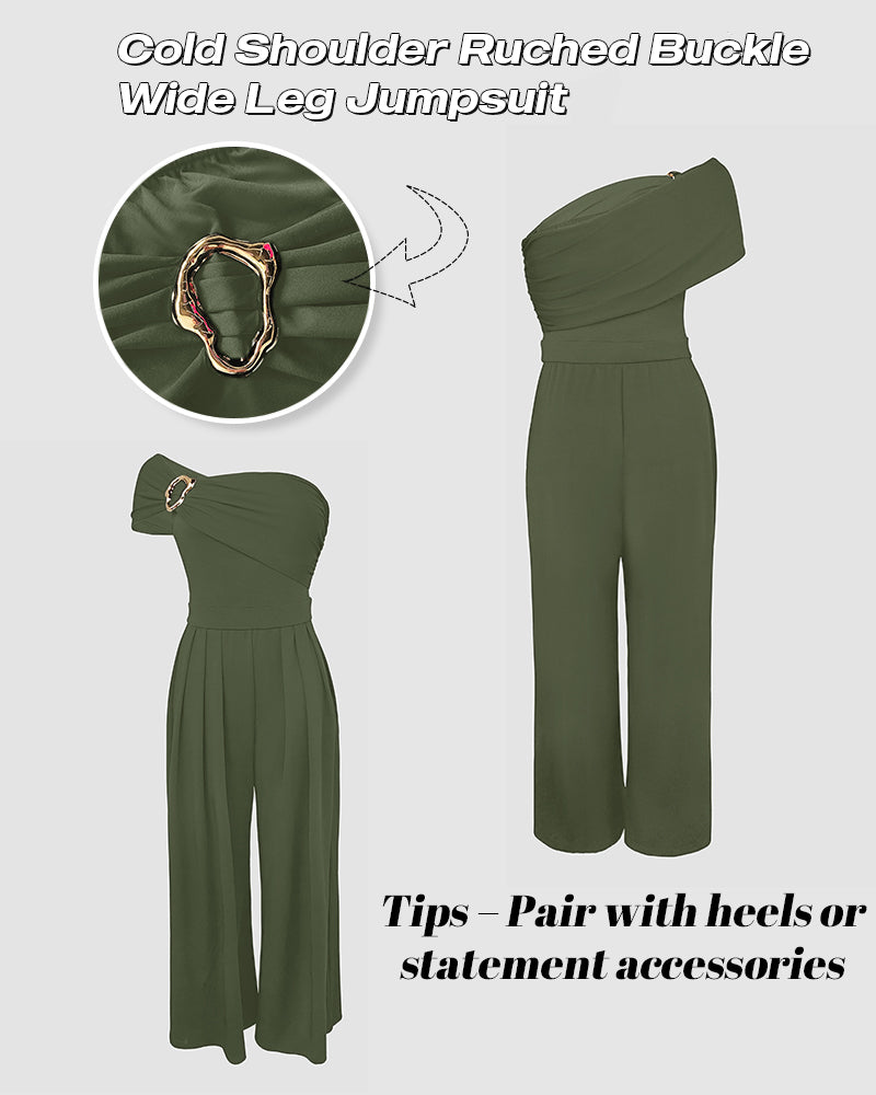 Cold Shoulder Ruched Buckle Wide Leg Jumpsuit