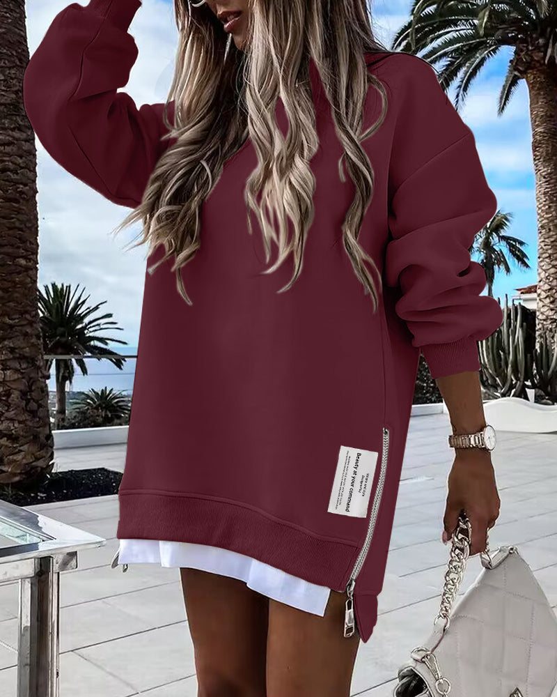 Letter Patch Detail Long Sleeve Drop Shoulder Pullover Sweatshirt Casual Zipper Side Slit Top