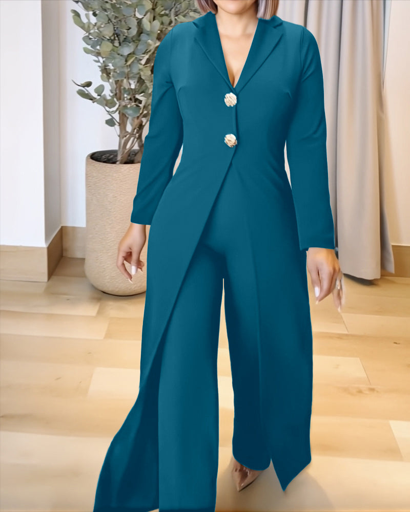 Notched Collar Long Sleeve Button Front Jumpsuit Casual Cinched Waist Wide Leg Faux Two-Piece Jumpsuit