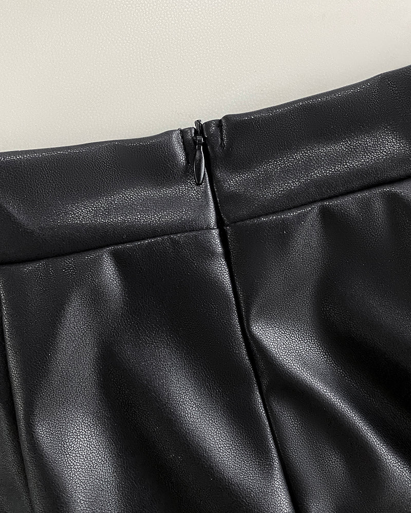 PU Leather Hollow-out Pattern Zipper Back Bodycon Skirt