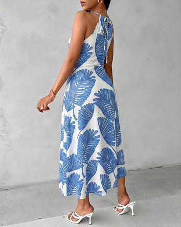 Women's Tropical Palm Leaf Print Halter Tie Midi Dress Sexy Hollow Out Ruched Slit Summer Vacation Dress