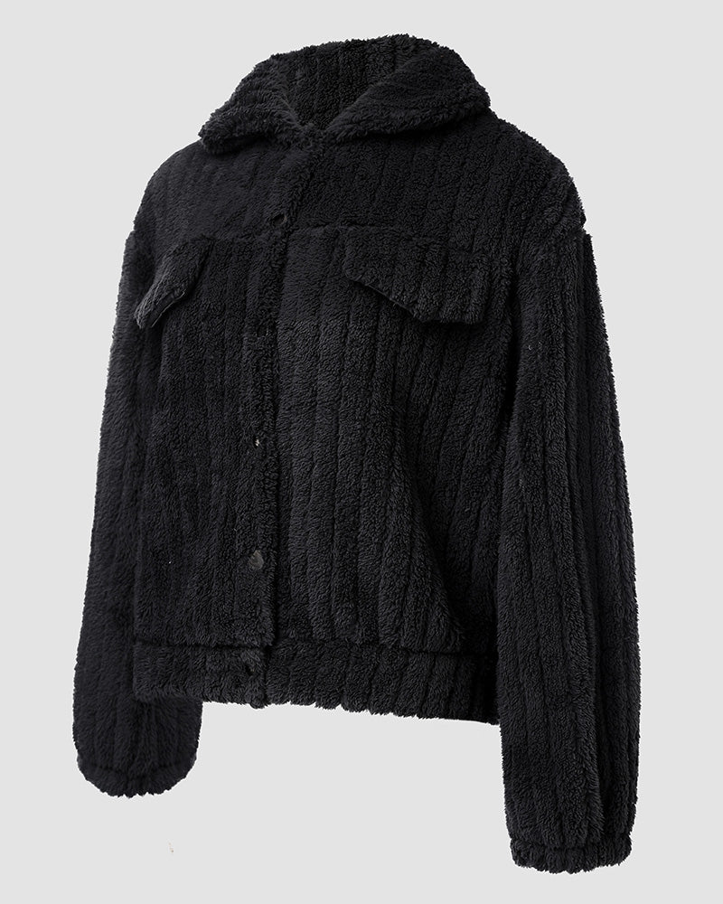 Textured Striped Turn-down Collar Button Front Elastic Cuff and Hem Teddy Fleece Jacket With Decorative Flap Pockets
