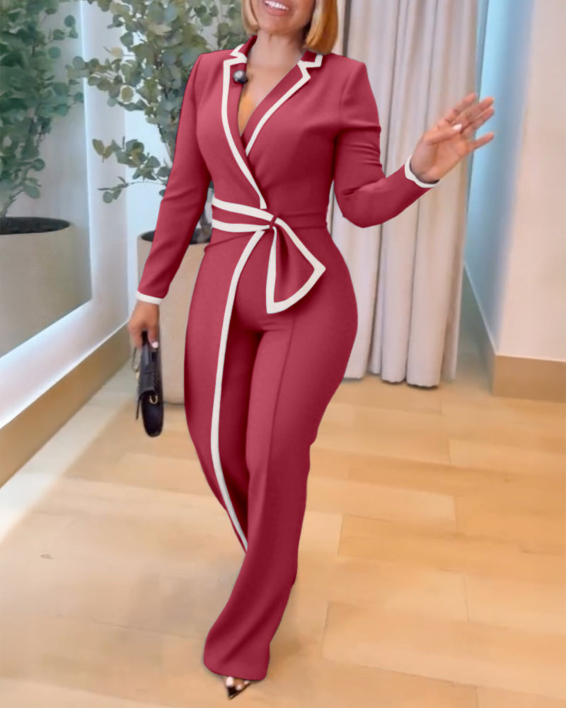 Contrast Paneled Notched Collar Padded shoulders Work Jumpsuit Casual Zipper Back Wrap Front Jumpsuit