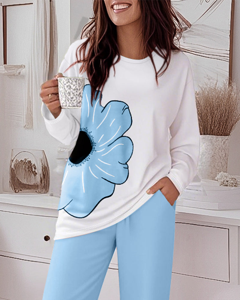 2 Pieces Outfit Floral Placement Print Long Sleeve Drop Shoulder Top and Elastic Waist Pants Set Causal Pajamas Set
