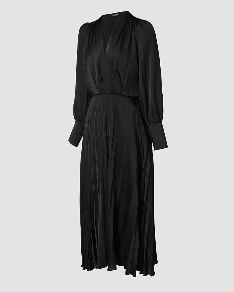 Elegant Women's Puff Long Sleeve V-neck Pleated Maxi Dress Dinner Dress (Without Belt)
