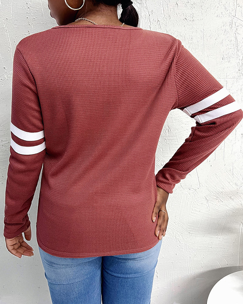 Striped Print Zipper Front Long Sleeve Top Waffle Knit Loose Fitting Tunic Tops