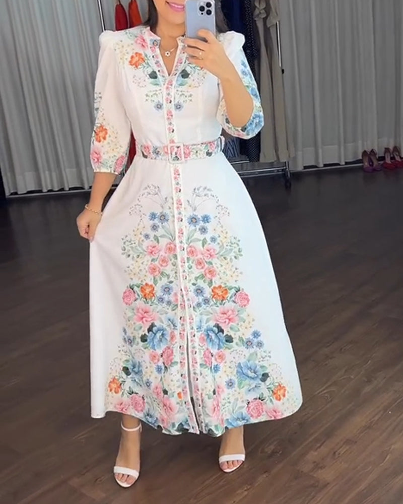Floral Print V Neck Three Quarters Tied Detail Blouse Dress Casual A Line Slim Fit Maxi Dress