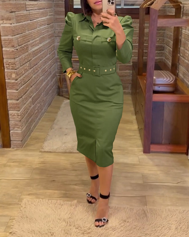 Turn-down Collar Long Sleeve Button Decor Front Slit Slim Fit Mid-Calf Dress Work Bodycon