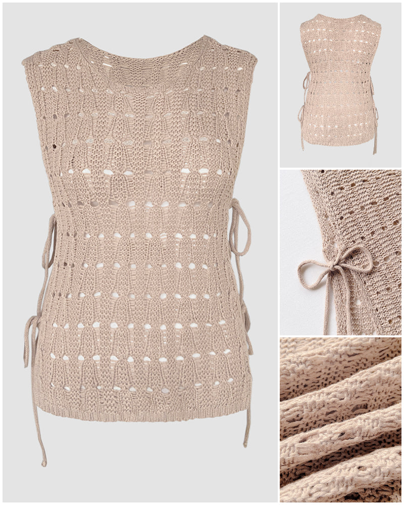 Round Neck Sleeveless Hollow-out Crochet Sweater Casual Tie Side Breathable Crop Top