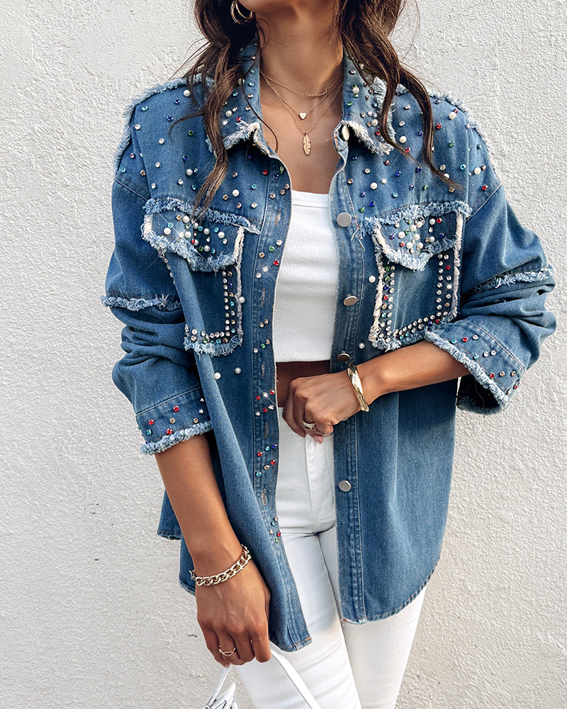 Colorful Rhinestone & Pearls Decor Turn-down Collar Long Sleeve Jacket Casual Front Button Raw Hem Denim Coat with Pockets