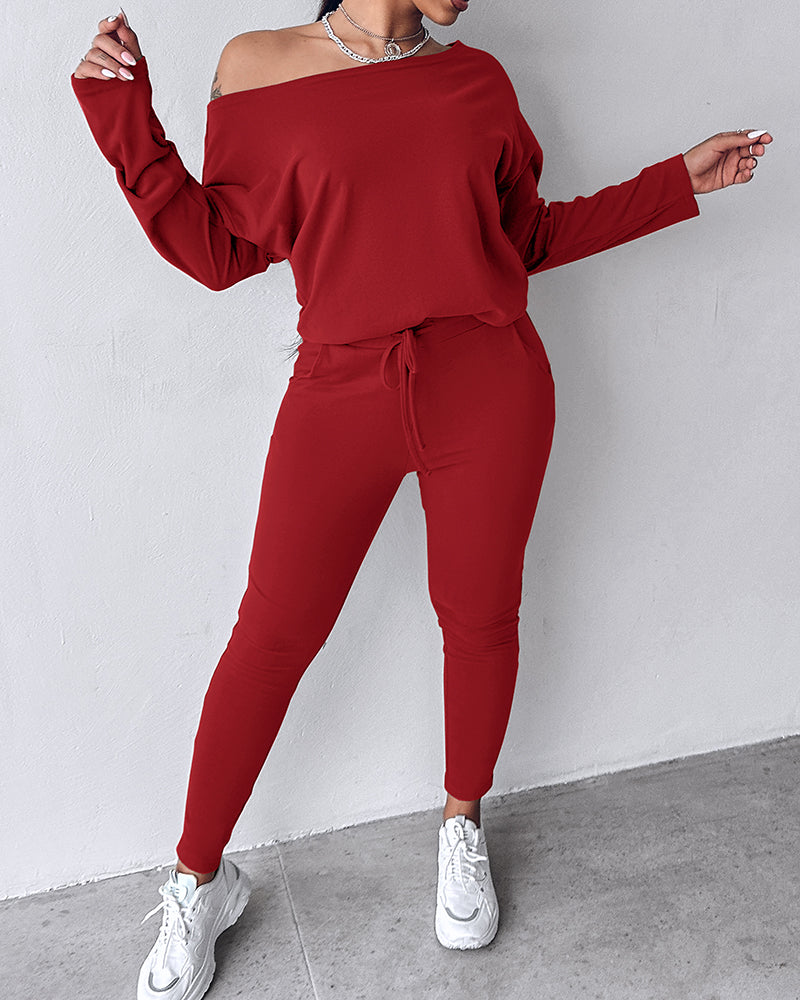 2 Pieces Outfit Long Sleeve Skew Neck Pullover Top and Drawstring Elastic Waist Slim Fit Pants Set