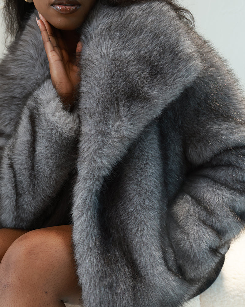 Turn-down Collar Long Sleeve Faux Fur Coat Jacket Casual Warm Fluffy Cropped Coat
