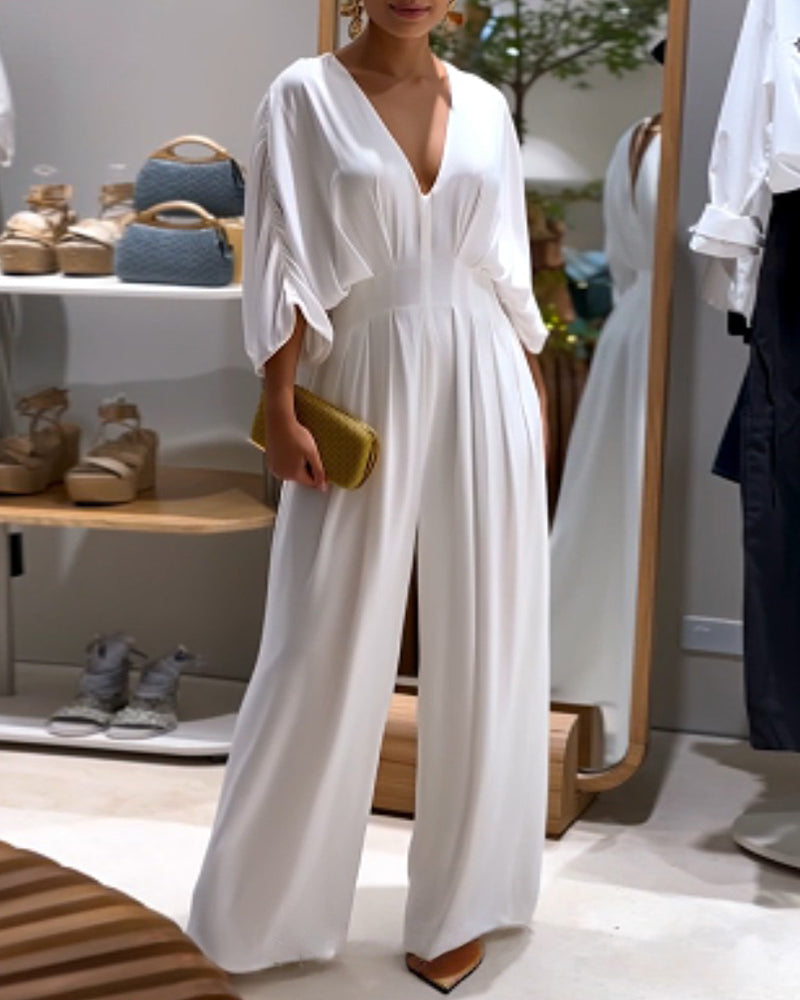 Deep V-Neck Ruched Three Quarters Sleeve Backless Overalls Casual Waist-Gathered Tied Detail Jumpsuit without Belt