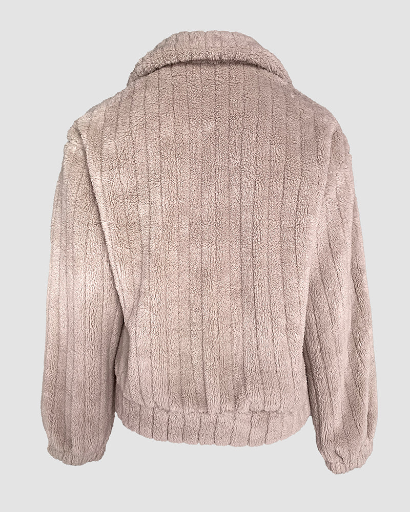 Textured Striped Turn-down Collar Button Front Elastic Cuff and Hem Teddy Fleece Jacket With Decorative Flap Pockets