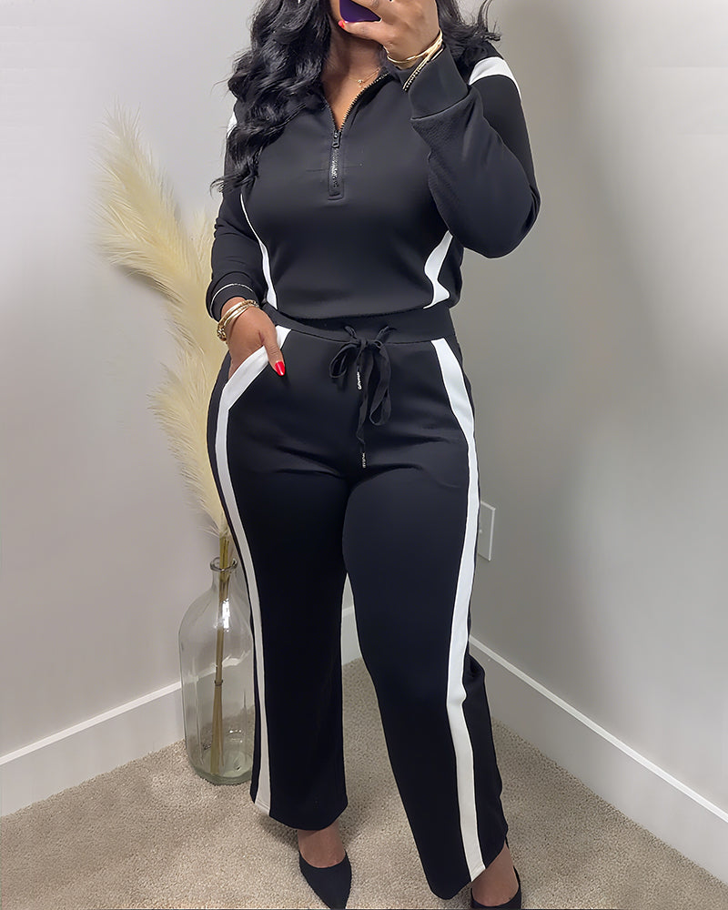 2 Pieces Outfit Half Zip Long Sleeve Top and Drawstring Elastic Waist Pants Set Casual Contrast Paneled Side Set