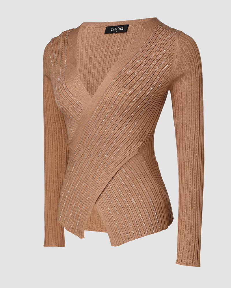 Rhinestone Decor Overlap V-Neck Long Sleeve Knit Sweater Asymmetrical Hem Slim Fit Textured Pullover Top