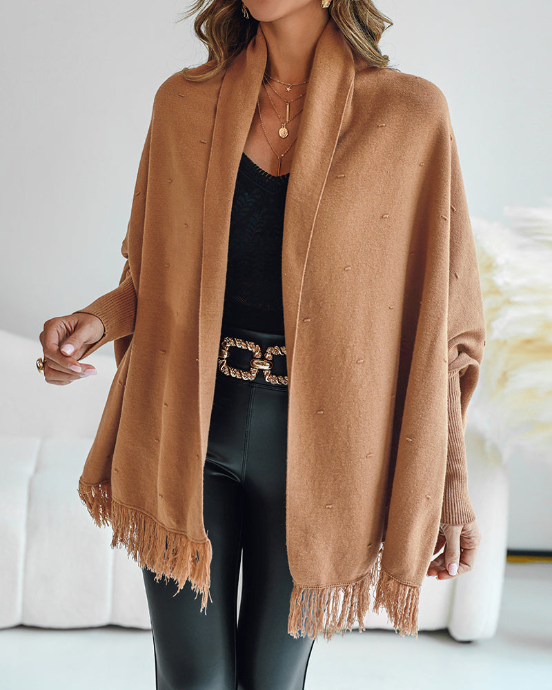 Tassel Design Long Sleeve Slit Cardigan Fashion Versatile Warm Cape Shawl